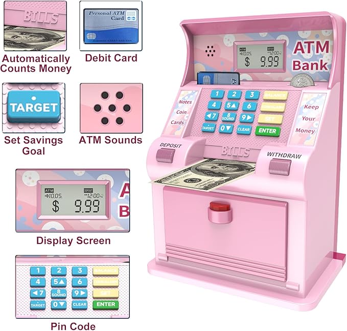 ATM Piggy Bank for Kids，ATM Bank Cash Coin Saving for Real Money with Debit Card，Coin Recognition, Balance Calculator, Electronic Savings Safe Box，Gift for Ages 6-13 Piggy Bank (Pink)