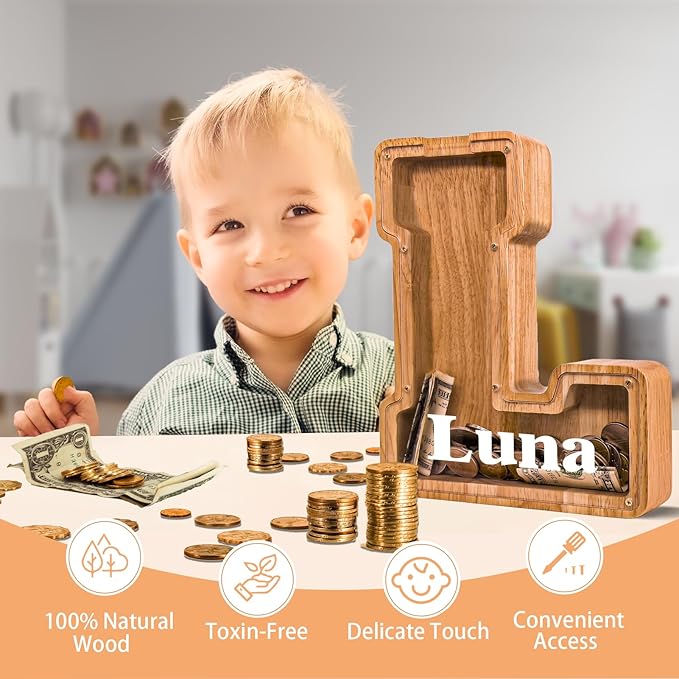 Wooden Letter Piggy Bank for Kids Larger Letter Piggy Bank for Boys and Girls Personalized Piggy Bank Initial Coin Bank Wood Kids Money Bank for Birthday and Festival