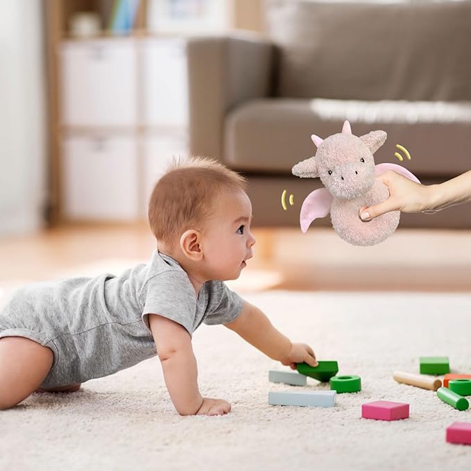 Baby Dragon Soft Rattle Toy, Plush Dinosaur Infant Shaker Rattle Easy-Grasp Stuffed Animal Toy, Gifts for Newborns Babies Toddlers Boys Girls, Pink, 6 Inches