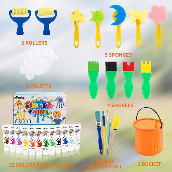 ABEIER Washable Finger Paint Kit for Toddlers, 12 Colors with Paint Tools, Safe Non-Toxic, Baby Safe Paint for Hand and Feet, Mess Free Art Supplies for Kids, DIY Crafts, Kids Gifts, Ages 3+