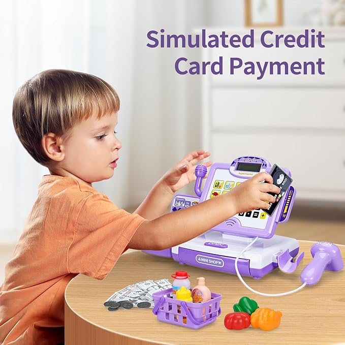 FS Pretend Play Cash Register Toy Preschool Gift for Kids, Classic Count Toy with Sound, Microphone, Scanner, Credit Card, Play Food for Boys & Girls, 57 Pieces Play Set, Ages 3 4 5 6 7, Purple