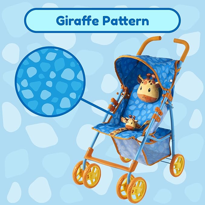Baby Doll Stroller for Toddlers 3-10, Pillow Animal Toy Baby Stoller for Dolls, Blue Folding Baby Toy Stroller for Dolls, Foldable Stroller for Girls, for Bigger Kids (Giraffe)