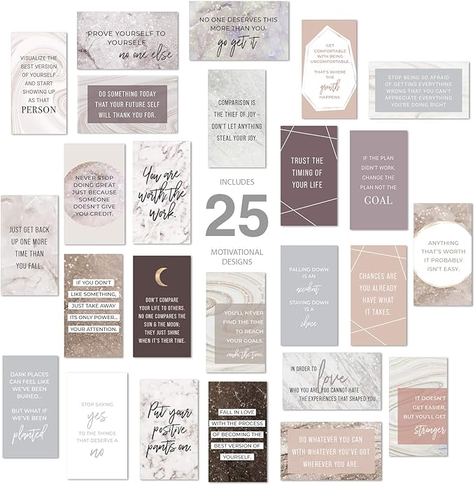 Marble Quartz Daily Gratitude Cards / 50 Motivational Kindness Cards / 25 Inspirational Quote Card Designs / 2” x 3.5” Uplifting Flat Business Card Pack