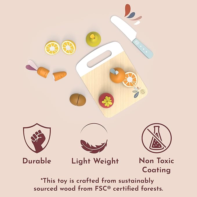 Speedy Monkey Wooden Play Food Set for Toddler – Fruits & Vegetables Cutting Playset, FSC Certified Pretend Food Toy for Kids, Role Play Kitchen Set with Safe Cutting Board & Knife