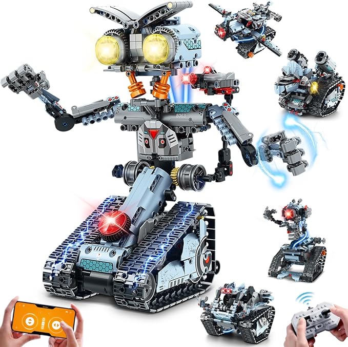Robot Building Toy with Lights, 5 in 1 Robotic Building Set with APP & Remote Control, RC Tech Tracked Tank Car Fighter Jet Model Kit 795 PCS, Educational Gift for Kids Boys Girls Ages 14+