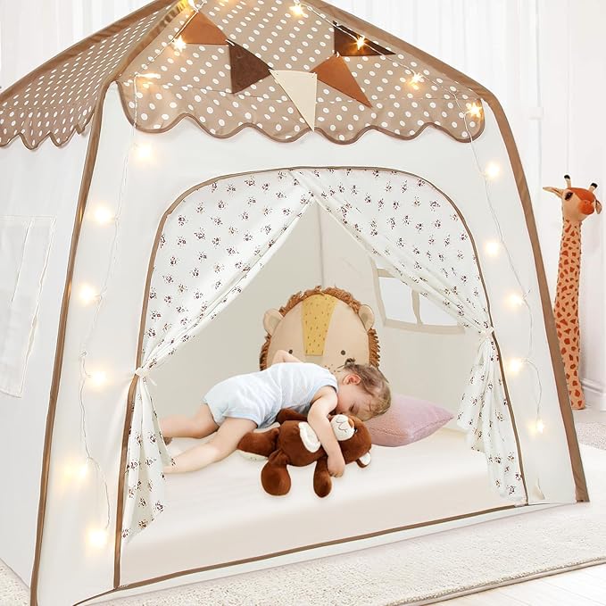 Toddler Bed Tent, Kids Play Tent with Flags, Star String, Portable Bed Canopy for Boys & Girls, Children, Indoor Outdoor Dome Playhouse, Brown Dots & Floral Pattern, 51" x 39" x 51"
