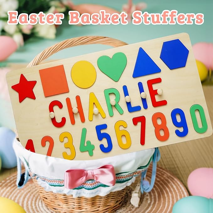Name Puzzle for Kids Personalized Wooden Shapes Puzzles for Toddlers 1-3 Peg Puzzle Educational Toys Learning Number Customized Baby Gifts for Boys Girls First Birthday