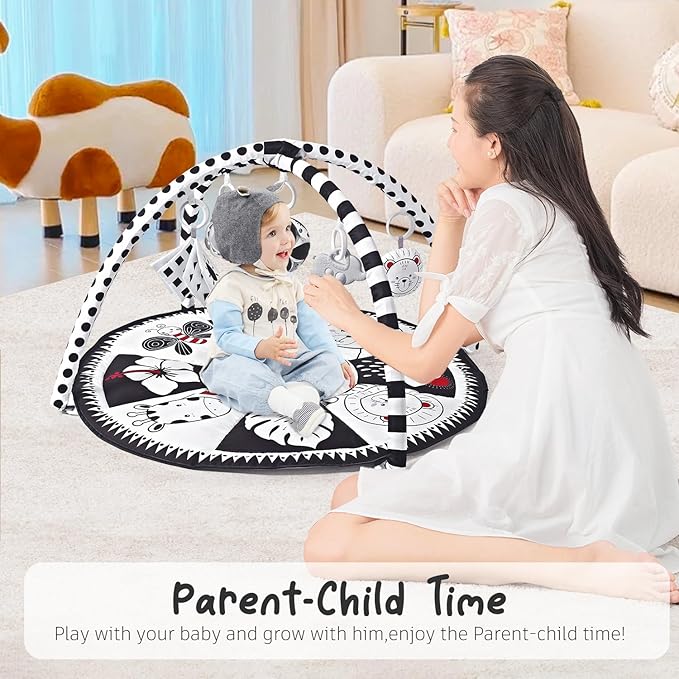 Black and White Tummy Time Mat, Play Mat for Babies 0-6 Months High Contrast Baby Play Activity Gym Baby Tummy Time Play Mat with 5 Toys for Early Sensory Exploration Newborn Infant Baby Playmat