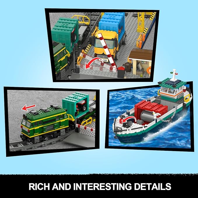 HOGOKIDS City Wharf Building Set with Crane - Includes Ship Train Truck, 4 Containers with Cargo Harbor Building Blocks | Large Construction Toy for for Adults Teens Kids Girls Boys 6-14+（1373PCS）