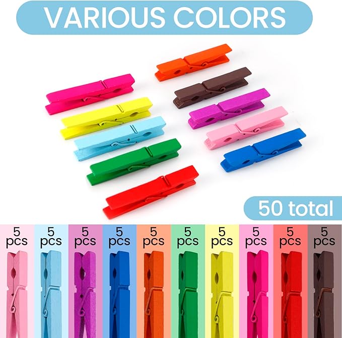 50PCS Colored Wooden Clothespins, 2.9inch 10 Color Clothes Pins for Clip Pictures Photos Decorative, Small Colorful Wood Decoration Closepins Clips,10 Color Each 5Pcs (Colored)