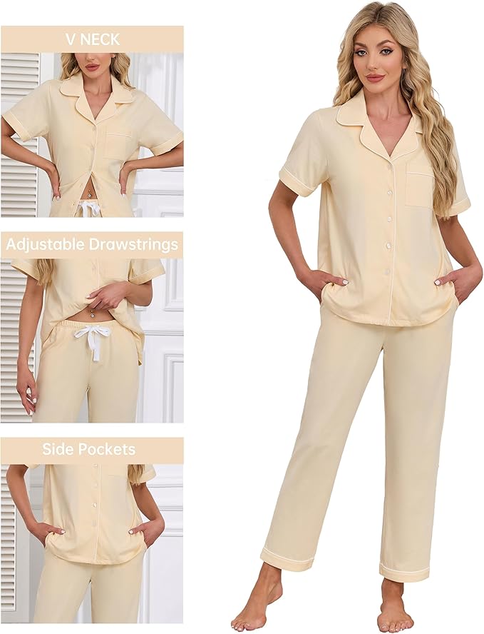 CF Womens 100% Cotton Pajamas Set Button Down Pjs Sets Short Sleeve Top & Long Pants Sleepwear Comfy Loungewear with Pockets
