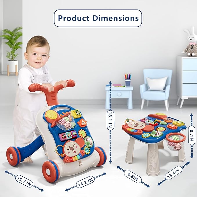 QDRAGON 3 in 1 Baby Walker and Activity Center for Boy, Learning to Walk, Sit to Stand, Early Educational Push Toys with Music Panel for Infant Toddler 12+ Months Blue