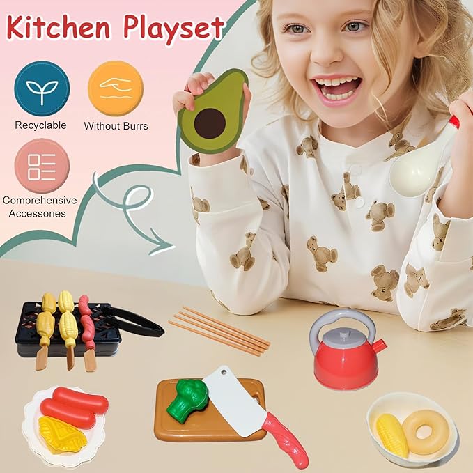 Kids Kitchen Toy Accessories, 61PCS Toddler Pretend Cooking Play Pots, Kitchen Playset, Play Pots, Pans, Utensils Cookware Toys, Play Food Set, Vegetables, Learning Gift for Girls Boys (Red)