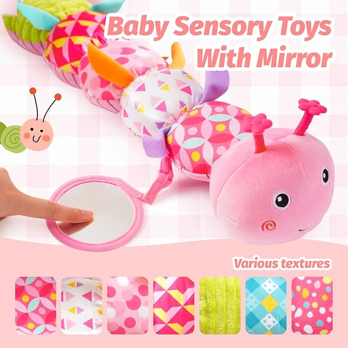 Baby Toys 0-6 Month, Musical Caterpillar Baby Rattle, Plush Sensory Toy with Mirror, Crinkle Textures, Newborn Developmental Tummy Time Stuffed Animal for Infants Boys Girls 6-12 Months (Pink)
