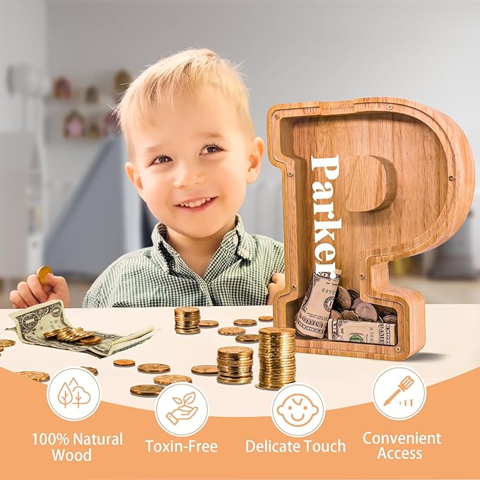 Wooden Letter Piggy Bank for Kids Larger Letter Piggy Bank for Boys and Girls Personalized Piggy Bank Initial Coin Bank Wood Kids Money Bank for Birthday and Festival