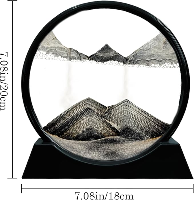 Aoderun Moving Sand Art Picture Round Glass 3D Deep Sea Sandscape in Motion Display Flowing Sand Frame Relaxing Desktop Home Office Work Decor (7", New Black)