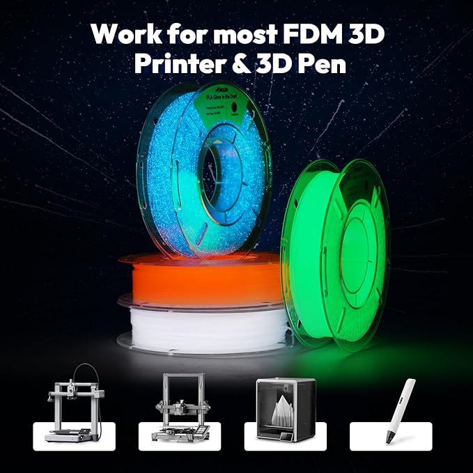 AMOLEN Glow in The Dark 3D Printer PLA Filament Halloween Bundle, Glow Filament Shiny Firefly Blue, Orange, Green and White, 1.75mm PLA Filament, Dimensional Accuracy +/- 0.02 mm, 200g X 4 Pack