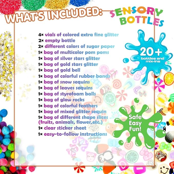 Sensory Bottles Kits Supplies Sensory Toys for Toddlers1-3, Calm Down Corner Supplies with Glitter,2 Fun Containers and Fun Stickers& More(L)