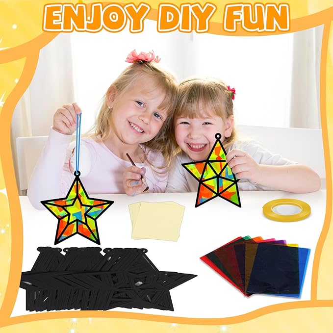 QOUBAI 32 Sets Back to School Stars Suncatchers Craft DIY Window Stained Glass Effect Patriotic 4th of July Paper Craft Home School Classroom Decor Kid Birthday Gift Creative Art Project Activity Game