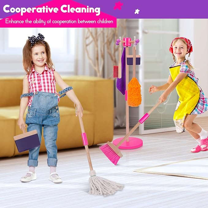 MASTERTOP Kids Cleaning Set 8 Piece, Detachable Toys for Toddlers, Broom Dustpan Mop Brush Duster Rag Sponge and Hanging Stand, Pretend Play Household Tools Gifts for Age 3-8