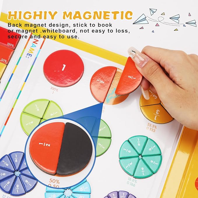 Magnetic Fraction Educational Puzzle, 102 Pcs Magnetic Fraction Puzzle for Kids, Magnetic Fraction Tiles & Fraction Circles, Fractions Manipulatives Learning Games for Elementary School