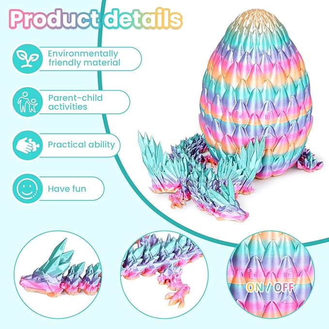 3D Printed Dragon Eggs with Articulated Fly Dragon Inside, Collectible Figurines Fidget Toy for Adults Kids Birthday Easter Christmas White Elephant Gifts for Friends Colleagues(Rainbow, M Size)