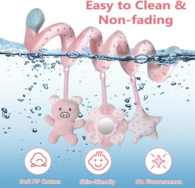 Car Seat Toys, Infant Baby Pink Pig Spiral Activity Hanging Toys Stroller Toys for Car Seat Stroller Bar Crib Bassinet Mobile with Mirror BB Squeaker and Rattles