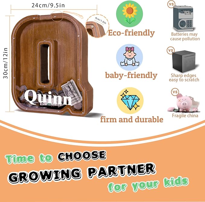 Wooden Letter Piggy Bank for Kids Larger Letter Piggy Bank for Boys and Girls Personalized Piggy Bank Initial Coin Bank Wood Kids Money Bank for Birthday and Festival