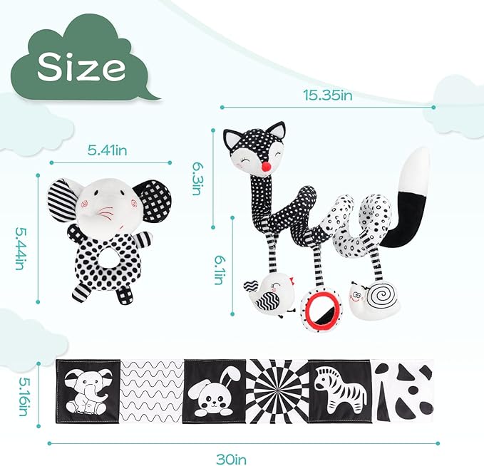 High Contrast Black and White Baby Toys 3-Piece Newborn Essentials Set with Hanging Toys,Rattle Crib Mobile,Baby Book & Car Seat Stroller Toys for 0-3-6-12 Months Infant Development