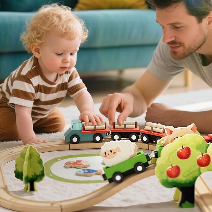 Lehoo Castle Wooden Train Set for Toddlers 2-4, Wooden Train Track, Farm Animals Toys for Ages 3-5, 3 Year Old Boy Gift, Toys for 4 Year Old Boys
