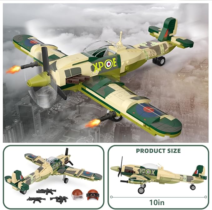 Military Spitfire Fighter Plane Jet Building Set - Compatible with Lego Plane, Gift for Boys Age 6+ and WW2 Military SetCollectors & Enthusiasts