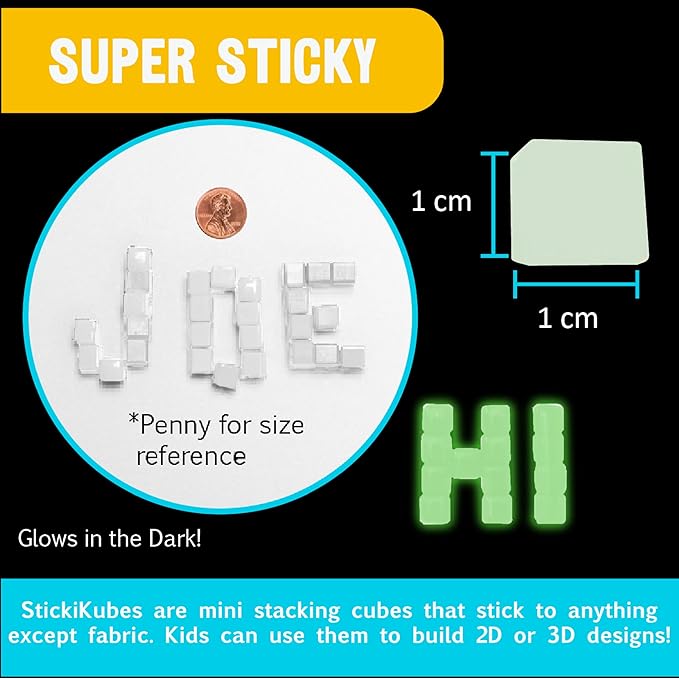 KOMARC GAMES StickiKubes, Mini Stacking Cubes That Stick to Anything, Non Toxic Kid Safe Sticky Blocks, Creative Construction Toy - 125 Cubes, Glow in The Dark, Tub