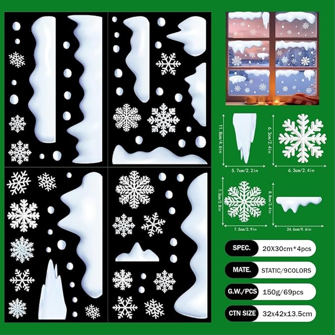 Winter White Snowflakes Window Clings for Glass Window, Snowdrift Snowball Icicle Window Stickers Set Double Sided Christmas Window Stickers Decals for Holiday Theme Party 4 Sheet