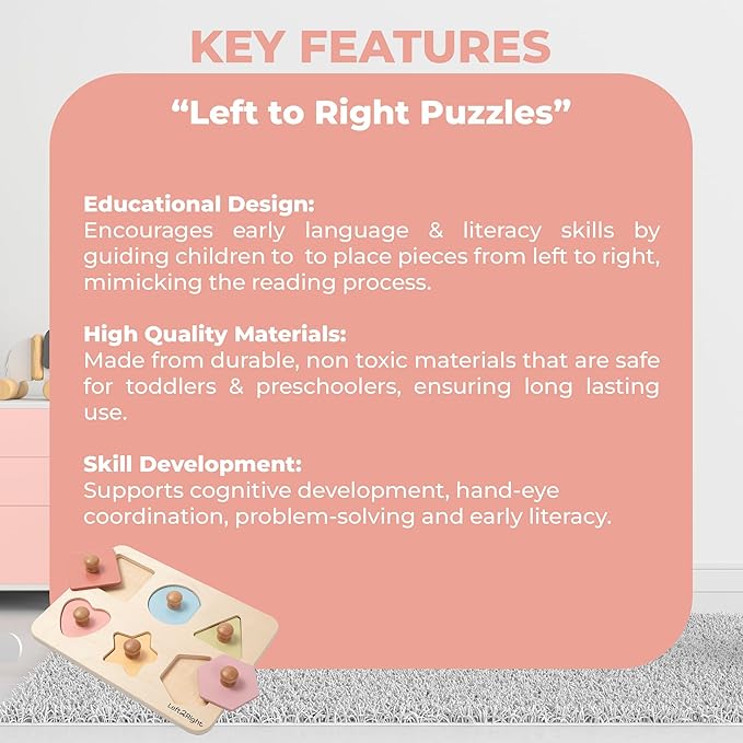 LEFT2RIGHT Wooden Puzzles for Toddlers 2-4 | Montessori Toys for 1-4 Year Olds | Educational Shape Edition Puzzle for Motor Skills & Sensory Learning | Wooden Toddler Puzzles Ages 1-3 Shape Edition