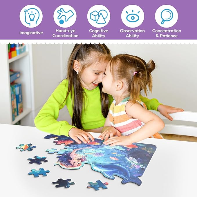 Princess Floor Puzzles for Kids Ages 4-6, 47 Pieces Pretty Princess & Sea Jigsaw Puzzles for Kids Girls Ages 3-5, Learning Educational Floor Puzzles Toys Great Gifts