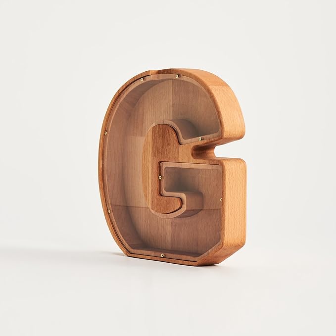 Personalized Wooden Piggy Bank – Custom Letter G Coin Bank in Beech Wood with Clear Acrylic Front, Engraved Name Option, Money Saving Box for Kids and Adults
