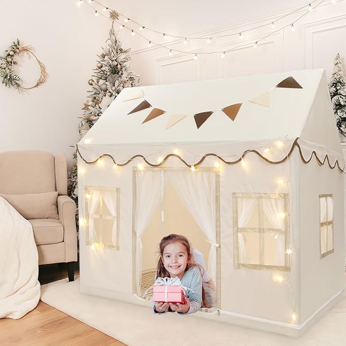 Kids Play Tent, Toddlers Large Playhouse with Star String, Flag, Machine Washable, Indoor and Outdoor Play Tent for Kids, Girls & Boy Aged 3+, 50" x 34" x 51", Cream