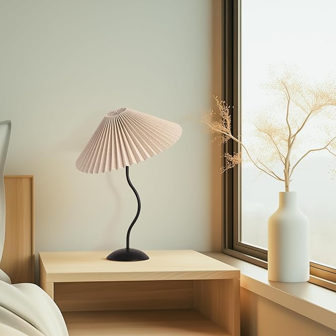 KUNJOULAM Small Pleated Table Lamp, Bedside Nightstand Lamp with Beige Lampshade Black Base, Morden Mini Lamp for Bedroom Home Office Decor, E12 Bulb Included