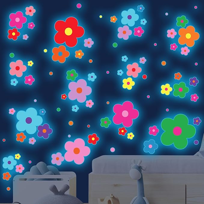 Glow in The Dark Y2k Cute Flowers Wall Decals，Glowing Luminous Colorful Floral Wall Stickers Removable self-Adhesive Flower Decals for Girls Bedroom Kids Baby Nursery Living Room Decor (Bright Color)