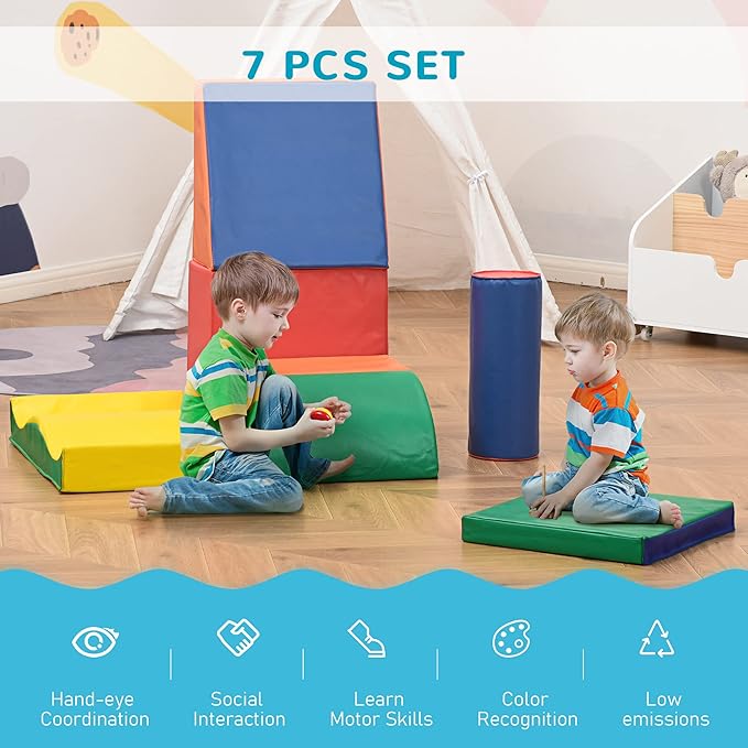 Soozier 7 Piece PU Leather Soft Play Climbing for Toddlers, Baby Colorful Soft Play Gym Toys Indoor, Modular Crawling & Climbing Play Set for 1-3 Years Multi-Color