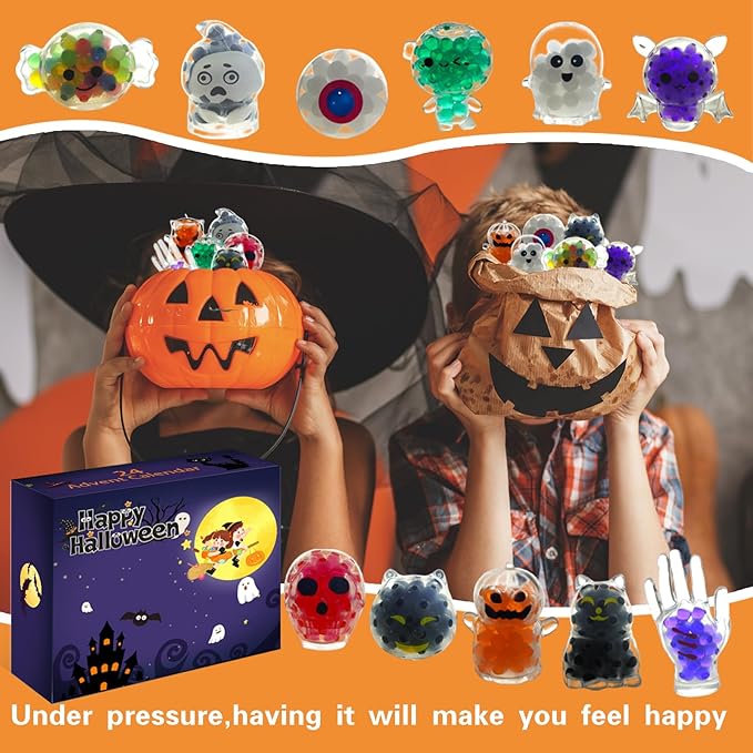 24-Piece Halloween Squishies – Halloween Stress Balls Miniatures for Kids and Adults, Squishy Fidget Toys for Halloween Party Favors, Halloween Prizes, Trick-or-Treat Giveaways