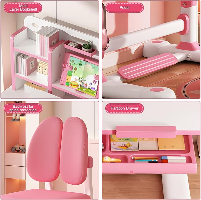 2025 NEW Kid's Study Desk and Chair Set, Ergonomic Height Adjustable Children Study Desk with Tilt Desktop, Book Stand, Light, Metal Hook and Storage Drawer,Gift for Boys Girls (Pink 119cm lean)