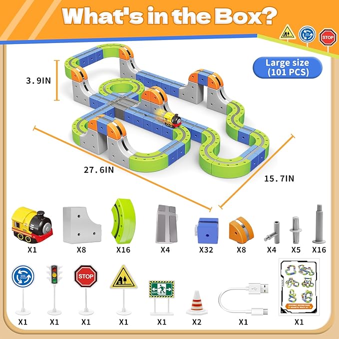 Magnetic Track Car Toys, 101PCS Flexible Race Car Track Sets for Toddlers with Electric Train, Traffic Signs, Kids Train Set Toys for 3 4 5 6 7 8 Year Old Boys Girls Birthday Party Gift-Large