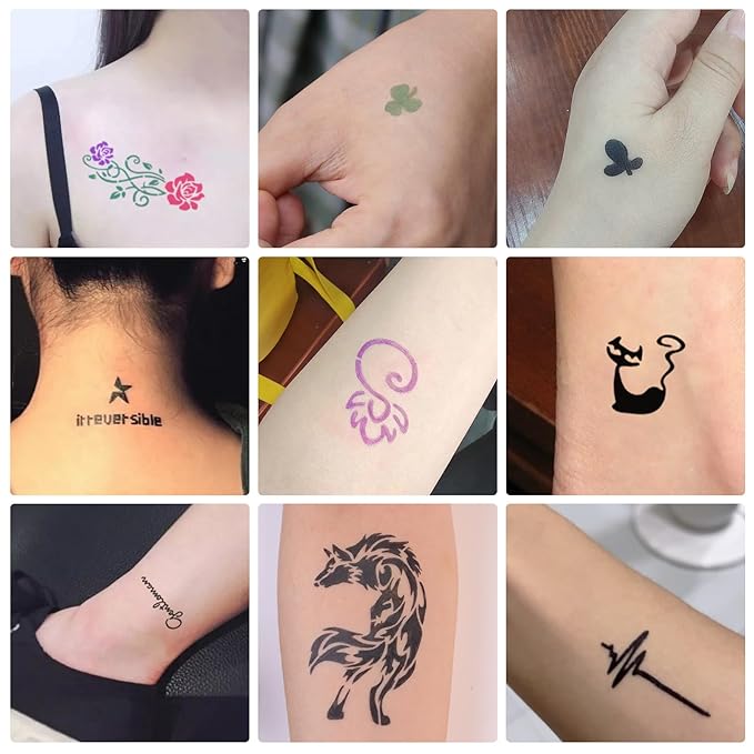 PFARRER Temporary Tattoo Kit 8 Bottles Color Temporary DIY Tattoo Ink,105 Pcs Stencils Kit for Body Paint Fake Tattoos for Kids&Women (Black,Red,Green,Blue,Yellow,Purple,Brown,Orange)