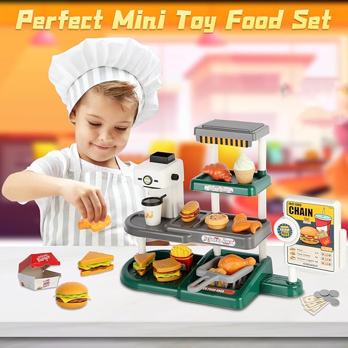 Pretend Play Food Toy for Kids Kitchen with Cash Register, Coffee Maker, 71 Pcs Fast Food Set with Burger, Fries, Ice Cream, Play Money, Educational Birthday Gift for Boys Girls Ages 3-8 (Green)