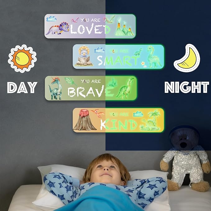 4 PCS Glow in The Dark Dinosaur Wall Decals, Luminous Self-Adhesive Dinosaur Toddler Room Stickers for Boys Motivational Wall Art Inspirational Sticker for Girls Kids Baby Nursery