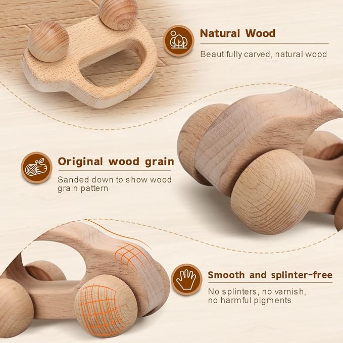 TOY Life Wooden Toys Cars, Montessori Toys for Babies 0-6-12 Months, Rattle Cars for Toddlers 1-3, Wooden Baby Toys Gift 1 Year Old, Baby Boy Girl Nursery Decor, 1 Year Old Boy Birthday Gift