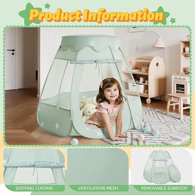 Pop Up Play Tent with Star Light：Neutral Toy for Boy Girl Birthday Gifts, Portable Ball Pit with Outdoor Carry Bag, Collapsible Kids Tent for Toddler Indoor Activity Playhouse,NO Balls(Green)