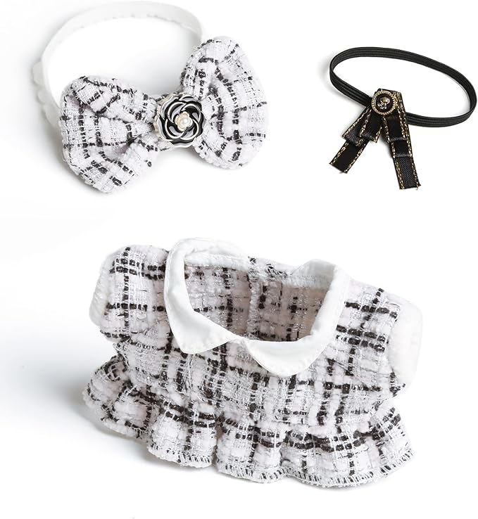 17cm Doll Clothes for Labubu - Luxury Chic Style Set for 17cm Dolls Outfit - Accessories for Dolls Clothes -White Plaid Tweed Dress + Black Necktie + White Bow (No Doll)