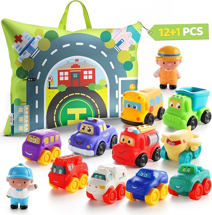 Soft Rubber Toy Figure Car for 1 Year Old Boy with Playmat (Storage Bag)|12 PCS Cartoon Cars Baby Toys for 12-18 Months & Toddler Age 1-2|First Birthday, Valentine Gift for 1 2 3 Year Old Boy